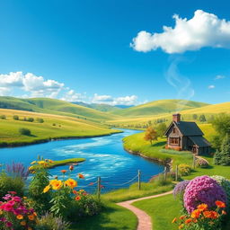 Create an idyllic scene featuring a serene landscape with rolling hills, a clear blue sky, and a sparkling river winding through lush greenery