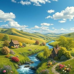 Create an idyllic scene featuring a serene landscape with rolling hills, a clear blue sky, and a sparkling river winding through lush greenery