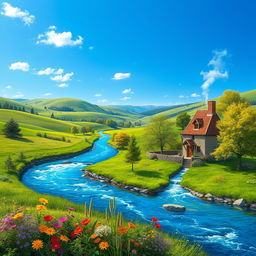 Create an idyllic scene featuring a serene landscape with rolling hills, a clear blue sky, and a sparkling river winding through lush greenery