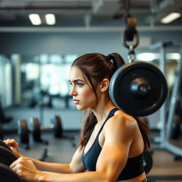 A young woman working out in a gym, lifting weights and looking determined