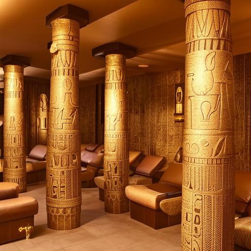 Inside view of a luxurious saloon and spa with an Egyptian theme, featuring ornate gold details, hieroglyphic art, stone columns, and plush furnishings.