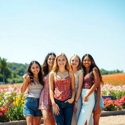 A group of beautiful girls standing together in a scenic outdoor setting, with vibrant flowers and a clear blue sky in the background