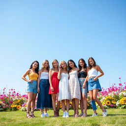 A group of beautiful girls standing together in a scenic outdoor setting, with vibrant flowers and a clear blue sky in the background