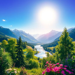 A vibrant and colorful image of a serene landscape with mountains, a river, and a clear blue sky