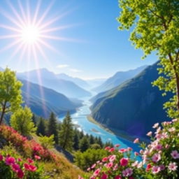 A vibrant and colorful image of a serene landscape with mountains, a river, and a clear blue sky