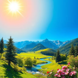 A vibrant and colorful image of a serene landscape with mountains, a river, and a clear blue sky