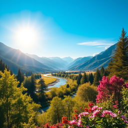 A vibrant and colorful image of a serene landscape with mountains, a river, and a clear blue sky