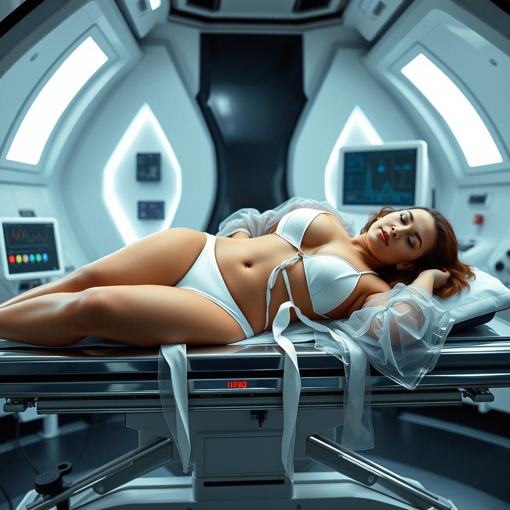 A voluptuous, light-skinned Latina woman, 49 years old, with a 40DD bust size, lying on a stretcher in a futuristic laboratory