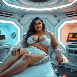 A voluptuous, light-skinned Latina woman, 49 years old, with a 40DD bust size, lying on a stretcher in a futuristic laboratory