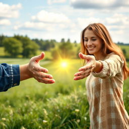 Create a photorealistic artwork of two people reaching out their hands to each other to offer comfort through the bad times and to share the good times