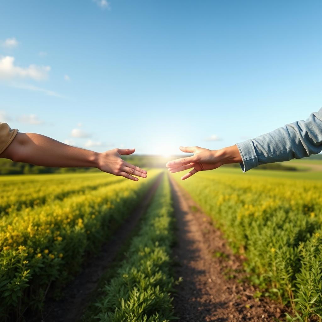 Create a photorealistic artwork of two people reaching out their hands to each other to offer comfort through the bad times and to share the good times