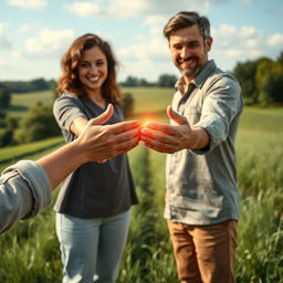 Create a photorealistic artwork of two people reaching out their hands to each other to offer comfort through the bad times and to share the good times