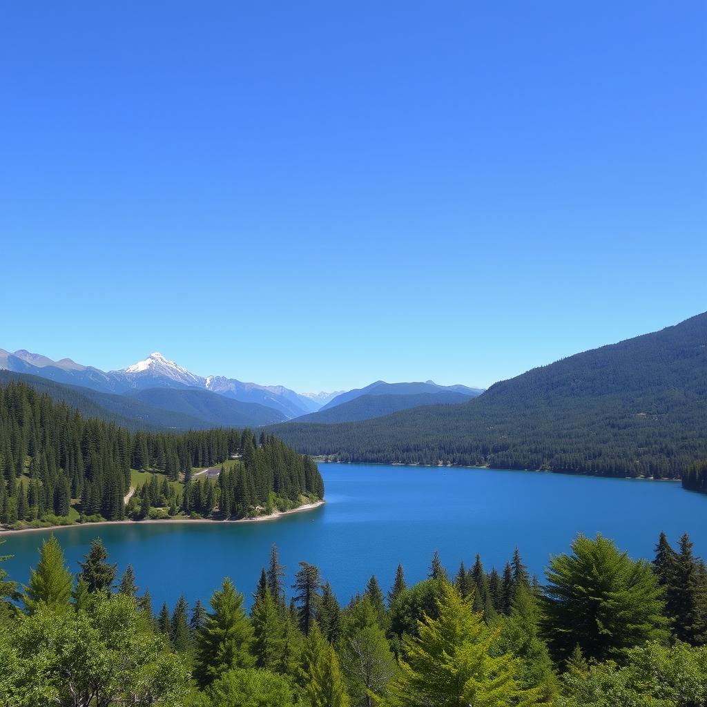 A beautiful landscape featuring a serene lake surrounded by lush green trees and mountains in the background under a clear blue sky