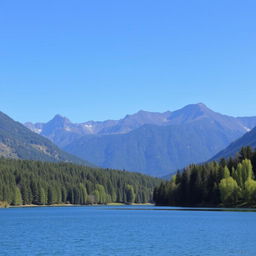 A beautiful landscape featuring a serene lake surrounded by lush green trees and mountains in the background under a clear blue sky