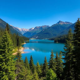 A beautiful landscape featuring a serene lake surrounded by lush green trees and mountains in the background under a clear blue sky