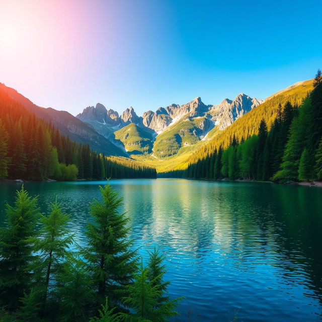 A beautiful landscape featuring a serene lake surrounded by lush green trees and mountains in the background under a clear blue sky