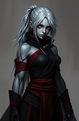 A full body shot of a Shadar-Kai female monk, follower of the Raven Queen