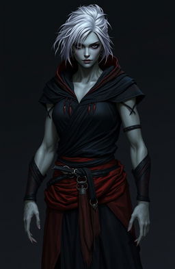 A full body shot of a Shadar-Kai female monk, follower of the Raven Queen