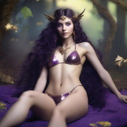 A full body shot of a petite, freckled, wavy-haired brunette elf priestess in a purple and gold bikini laying down