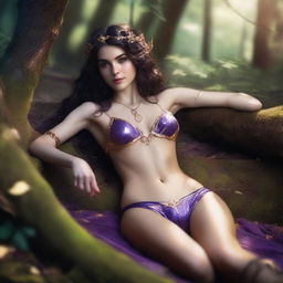 A full body shot of a petite, freckled, wavy-haired brunette elf priestess in a purple and gold bikini, laying down