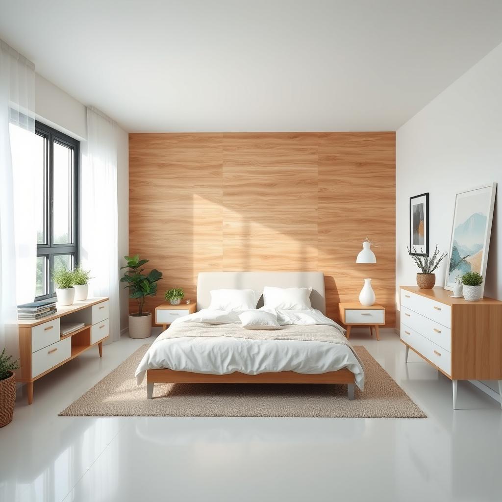 Create an image of a bedroom with a wall made of PVC wood behind the bed