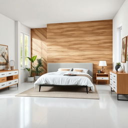 Create an image of a bedroom with a wall made of PVC wood behind the bed