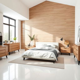 Create an image of a bedroom with a wall made of PVC wood behind the bed