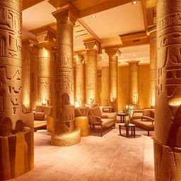 Inside view of a luxurious saloon and spa with an Egyptian theme, featuring ornate gold details, hieroglyphic art, stone columns, and plush furnishings.