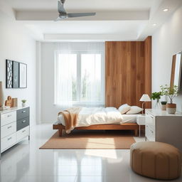 Create an image of a bedroom with a wall made of PVC wood behind the bed