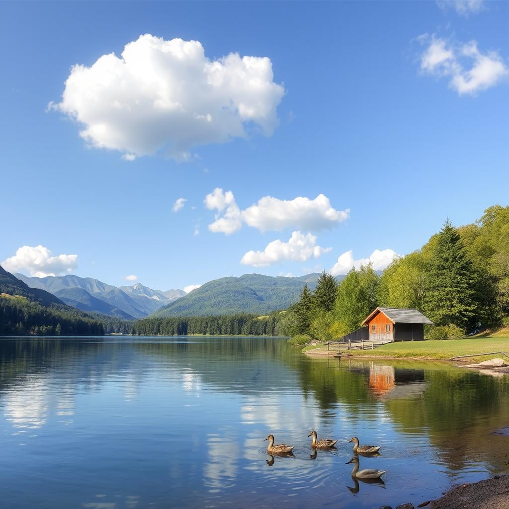 A serene landscape featuring a calm lake surrounded by lush green trees and mountains in the background, with a clear blue sky and fluffy white clouds