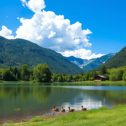 A serene landscape featuring a calm lake surrounded by lush green trees and mountains in the background, with a clear blue sky and fluffy white clouds