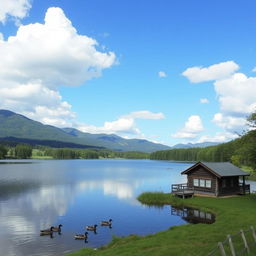 A serene landscape featuring a calm lake surrounded by lush green trees and mountains in the background, with a clear blue sky and fluffy white clouds