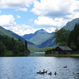 A serene landscape featuring a calm lake surrounded by lush green trees and mountains in the background, with a clear blue sky and fluffy white clouds