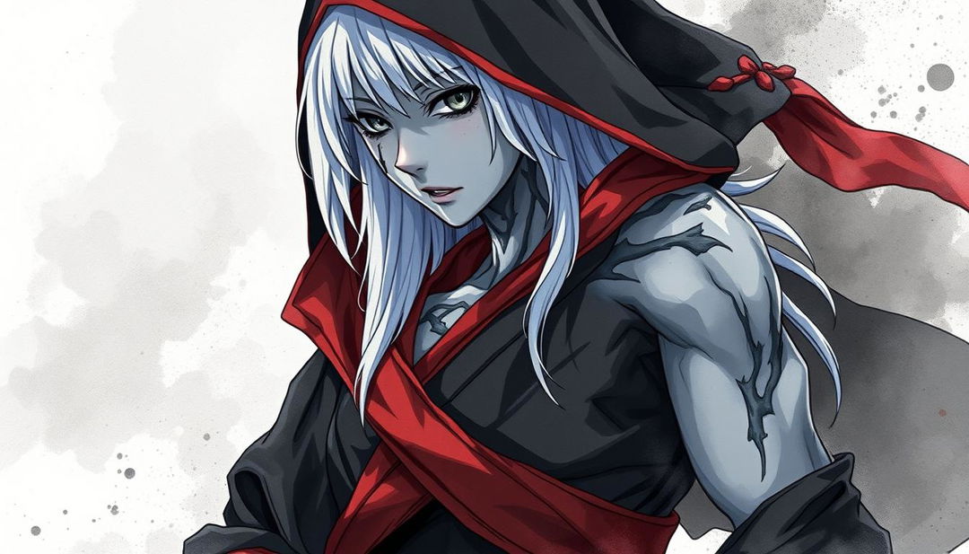 A detailed watercolor anime masterpiece in the style of Makoto Shinkai, featuring a full body shot of a Shadar-Kai female monk, follower of the Raven Queen