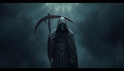 Create an intense cinematic cover featuring a reaper standing against a gothic horror background