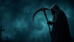 Create an intense cinematic cover featuring a reaper standing against a gothic horror background