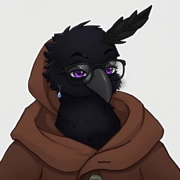 A black crow with a single feather on its head, wearing glasses