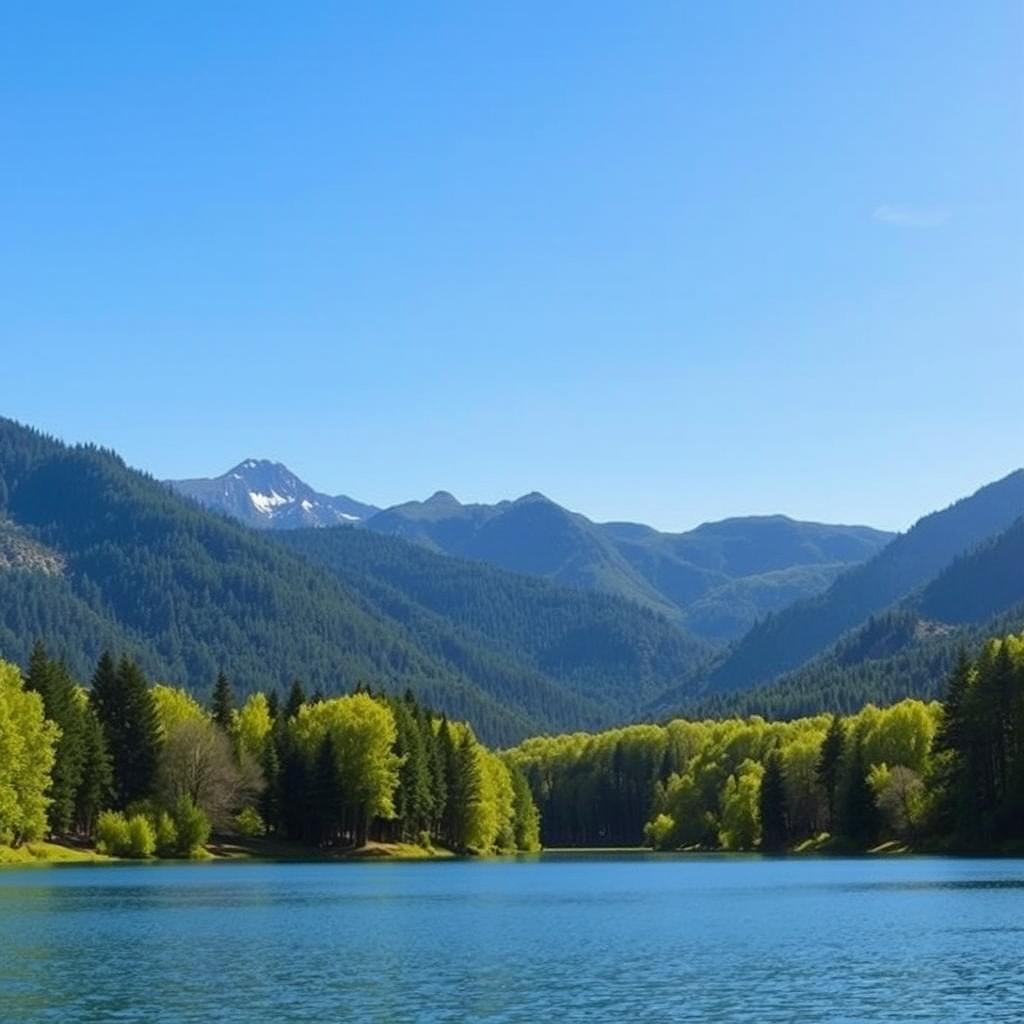 A beautiful landscape featuring a serene lake surrounded by lush green trees, with mountains in the background and a clear blue sky