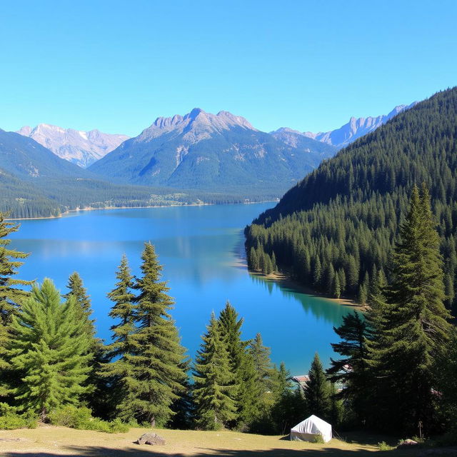 A beautiful landscape featuring a serene lake surrounded by lush green trees, with mountains in the background and a clear blue sky