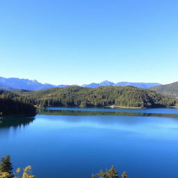 A beautiful landscape featuring a serene lake surrounded by lush green trees, with mountains in the background and a clear blue sky