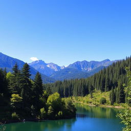 A beautiful landscape featuring a serene lake surrounded by lush green trees, with mountains in the background and a clear blue sky