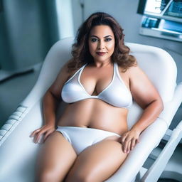 A voluptuous, light-skinned Latina woman, 49 years old, with a 40DD bust size, lying on a stretcher in a futuristic laboratory