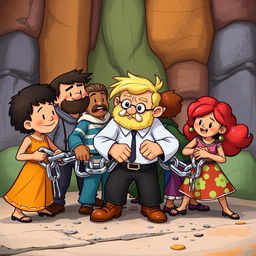 A group of characters chained together, depicting unity and teamwork