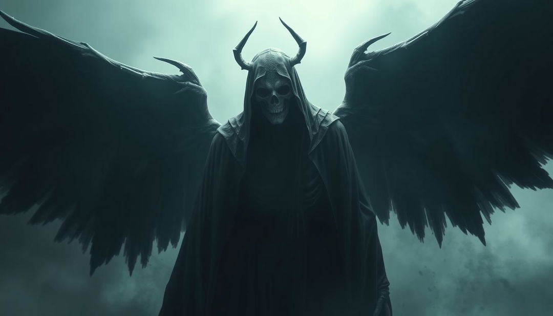 Create a terrifying image of the Angel of Death, featuring dark, ominous tones, skeletal wings, and a haunting, ghostly presence