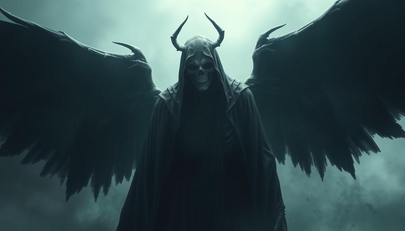 Create a terrifying image of the Angel of Death, featuring dark, ominous tones, skeletal wings, and a haunting, ghostly presence