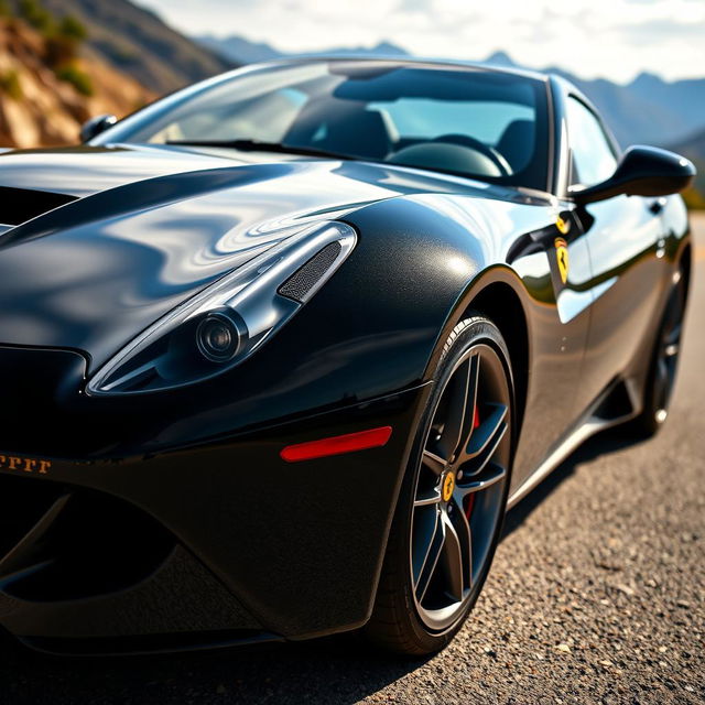 A sleek black Ferrari sports car, shining under the sunlight, with detailed reflections on its polished surface