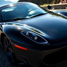 A sleek black Ferrari sports car, shining under the sunlight, with detailed reflections on its polished surface