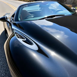 A sleek black Ferrari sports car, shining under the sunlight, with detailed reflections on its polished surface