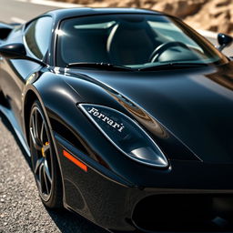 A sleek black Ferrari sports car, shining under the sunlight, with detailed reflections on its polished surface