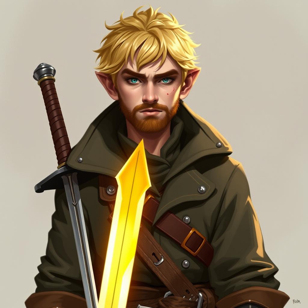 A 30-year-old male halfling with a rough face and short blonde hair, wearing a captain's coat and holding a rapier with a glowing sun blade